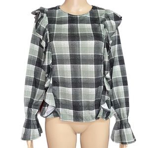 Plaid Flannel Ruffled Long Sleeve Blouse Size Medium